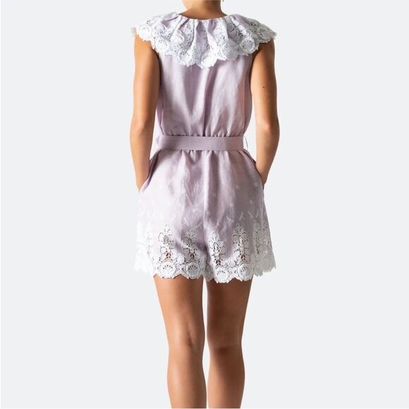 Miguelina 100 % linen crochet lace detailed lavender romper, M - Picture 3 of 16